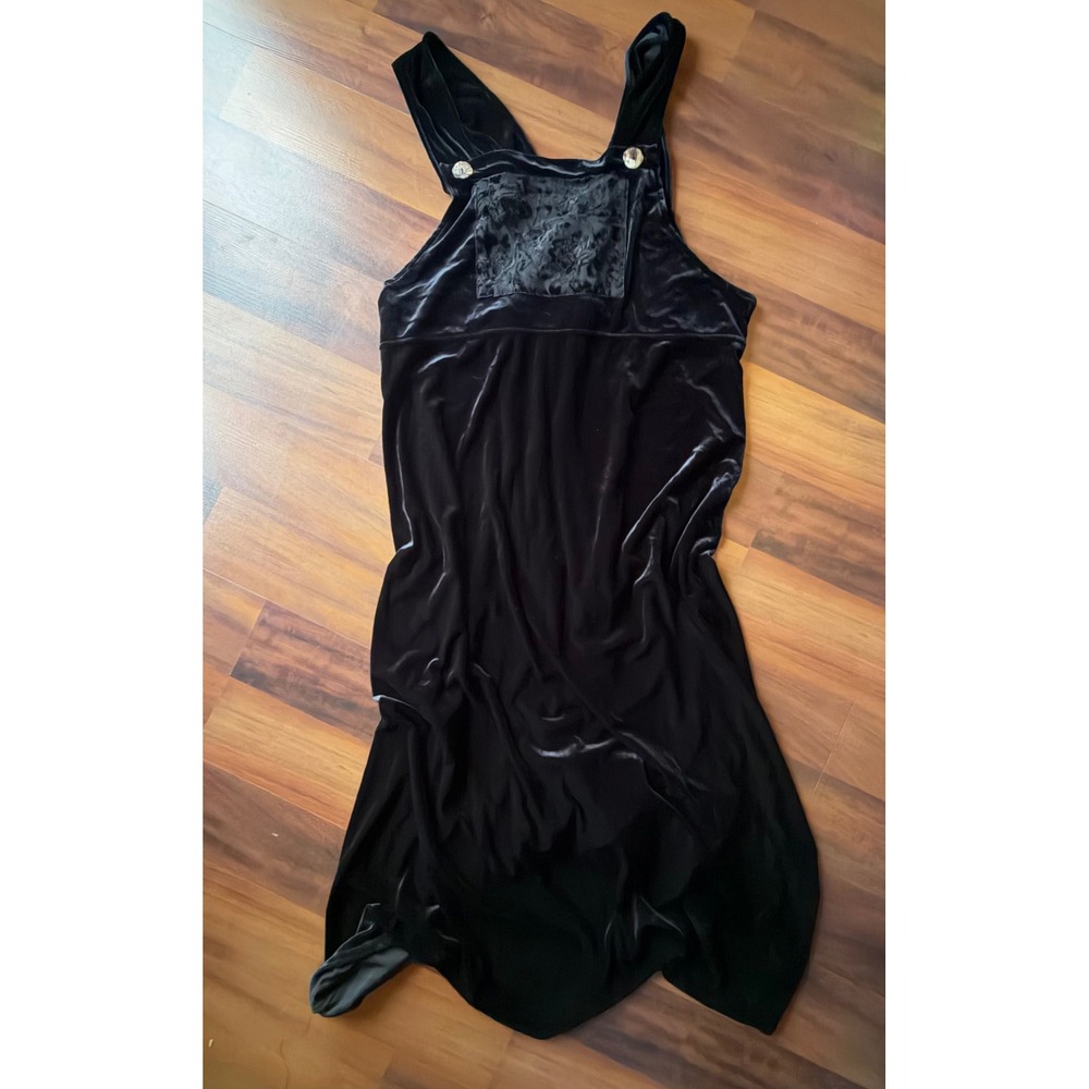 Jessica Howard Vintage Black Velvet Jumper Dress Floral Burnout Pocket Large 90s